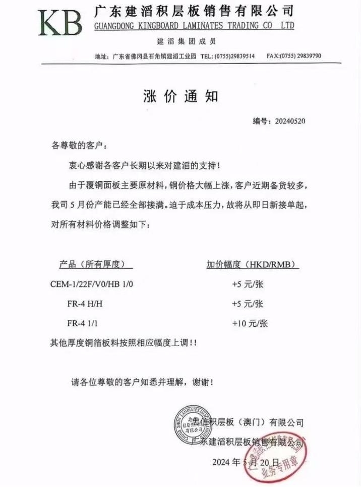 建滔积层板早盘涨逾6% 机构料覆铜板具备弹性调价空间